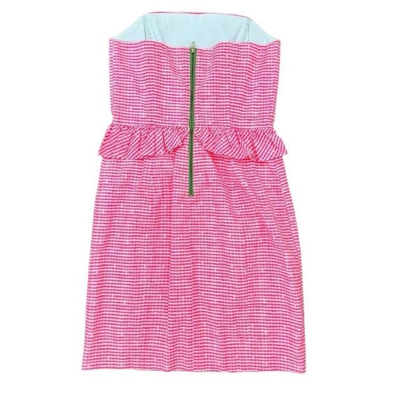 Lilly Pulitzer Lowe Dress Fiesta Pink Pretty Gingham Strapless Peplum Size 0 - Picture 2 of 6